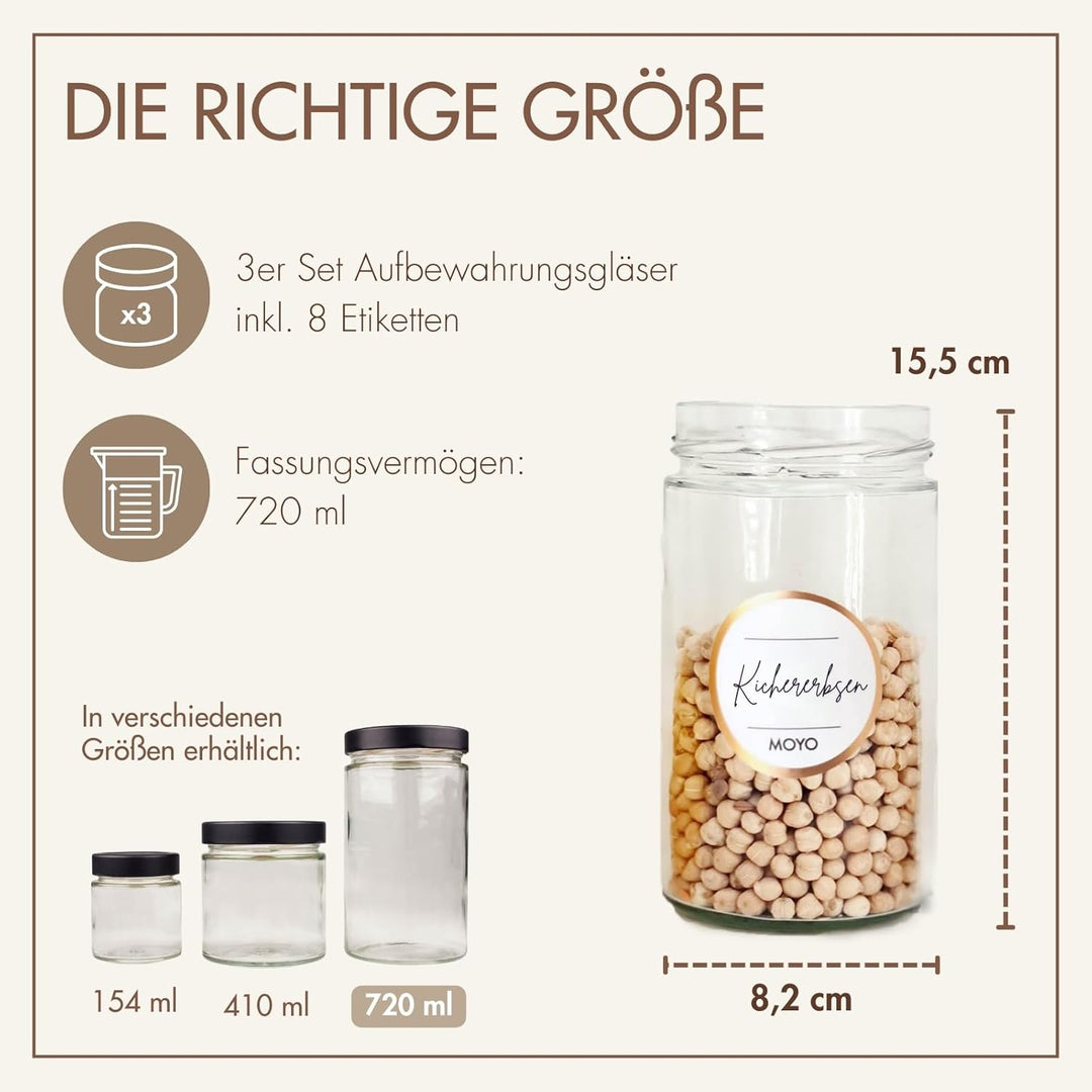 MOYO Vorratsgläser mit Deckel | Vorratsdosen Glas Made in Germany | 3er Set - 720ml | edle luftdicht