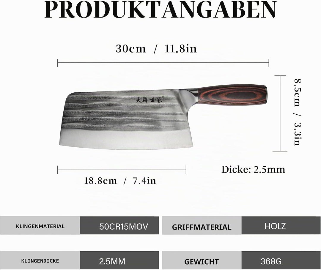 TJ POP Hackmesser Chinesisches Kochmesser Professionelles 18.8cm, Scharfer Fleischerbeil, 50CR15 Sta