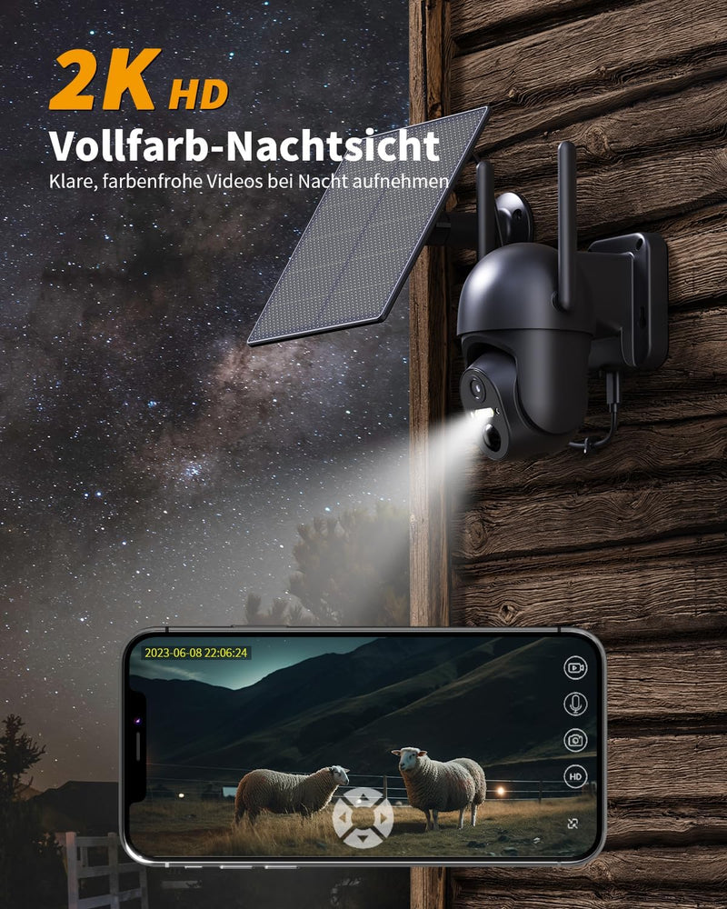 NUASI 4G LTE Überwachungskamera Aussen Akku mit SIM Karte & 32GB Karte【2 STK】, 2K Kabellos Solar PTZ