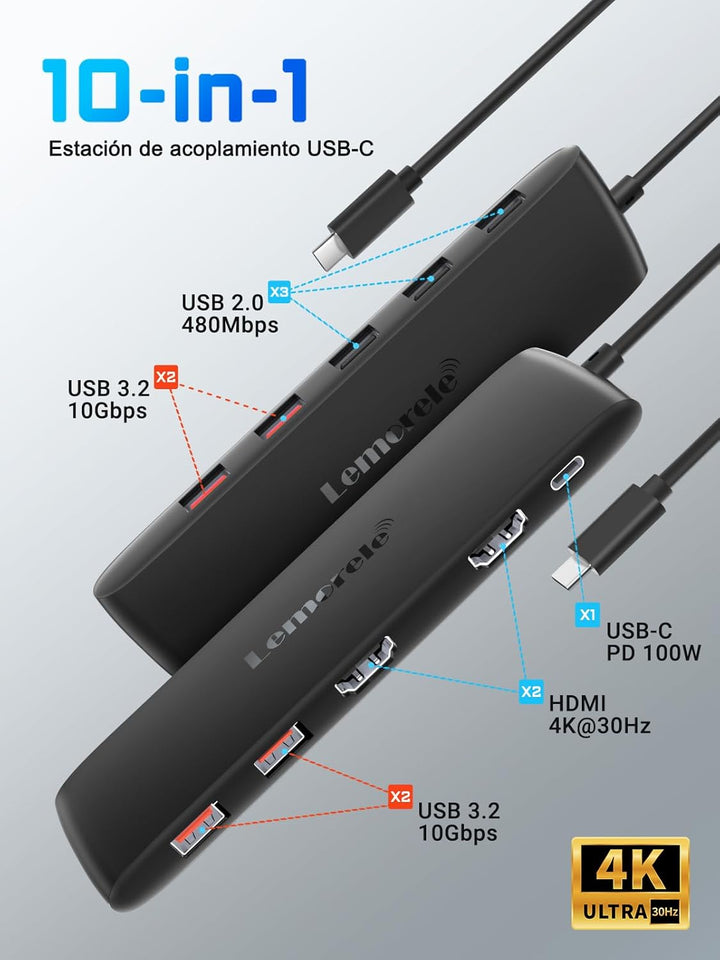 Lemorele USB C Docking Station 2 Monitore Hub, 10-in-1 USB Adapter mit 2 * 4K HDMI,3*USB 3.2(10Gbps)