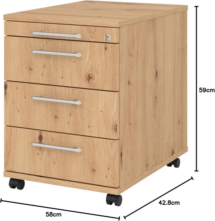 bümö Rollcontainer mit Schubladen, Container abschliessbar aus Holz in Asteiche - Rollwagen für's Bü