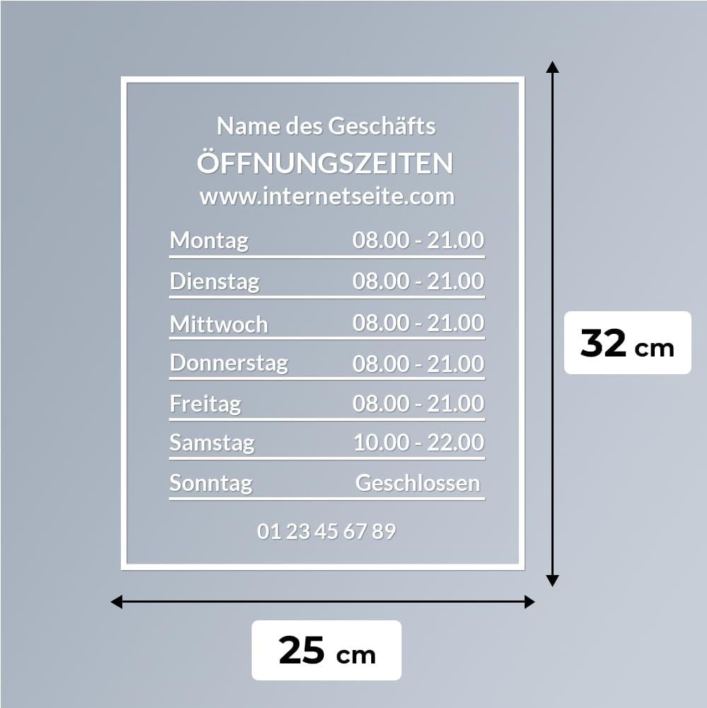 Öffnungszeiten Aufkleber für Schaufenster, personalisierbar (Design 1), Design 1