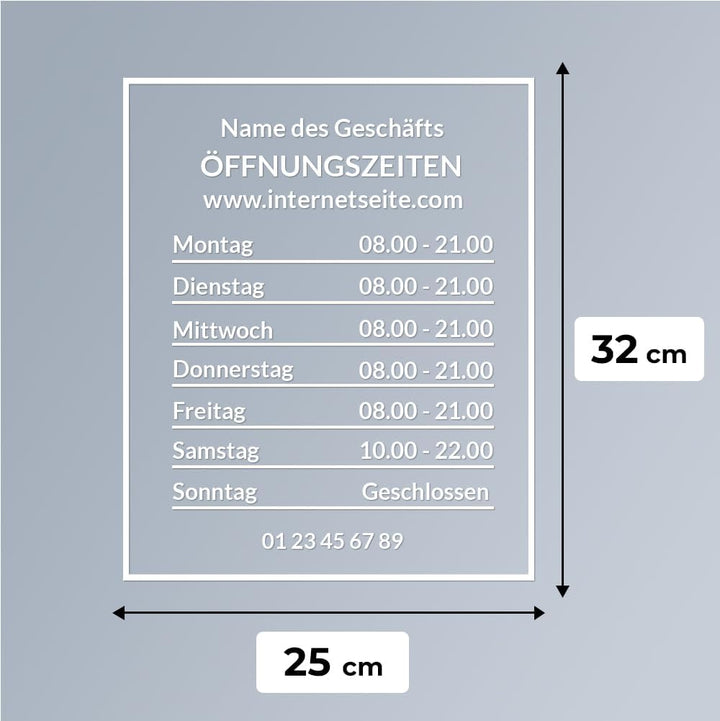 Öffnungszeiten Aufkleber für Schaufenster, personalisierbar (Design 1), Design 1