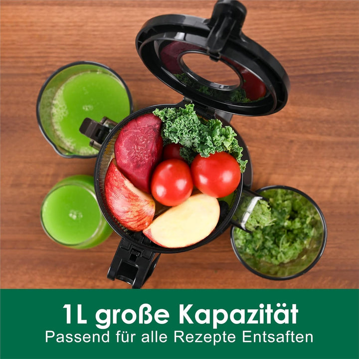 Fretta Entsafter,Slow Juicer mit 108MM Breite und Grössere Fütterungsröhre,1L Füllvolumen für ganze