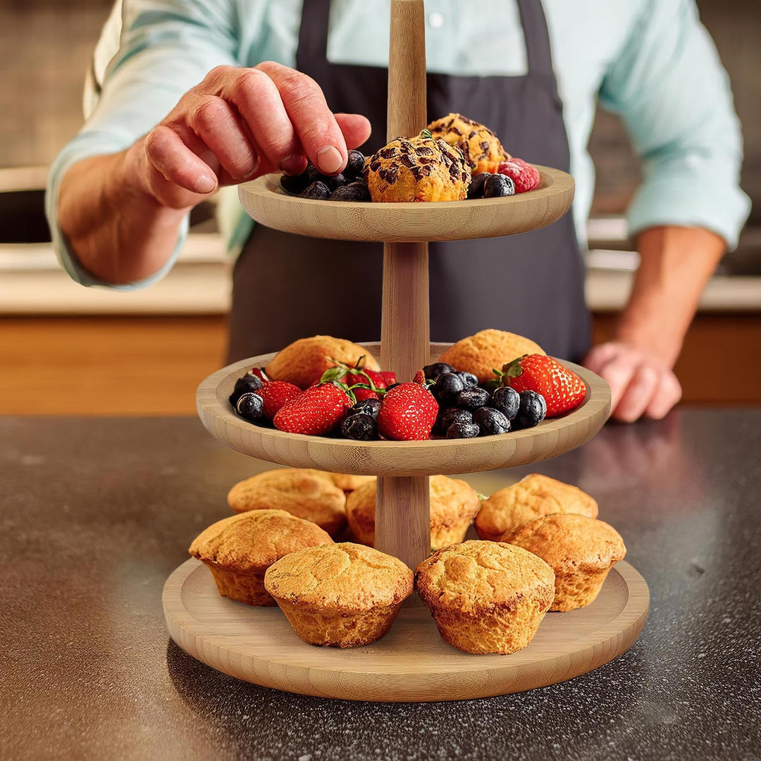 Dimono® Bambus-Etagere Premium Servier-Ständer 3-Etagen; Servier-Tablett für Desserts, Kuchen, Käse,