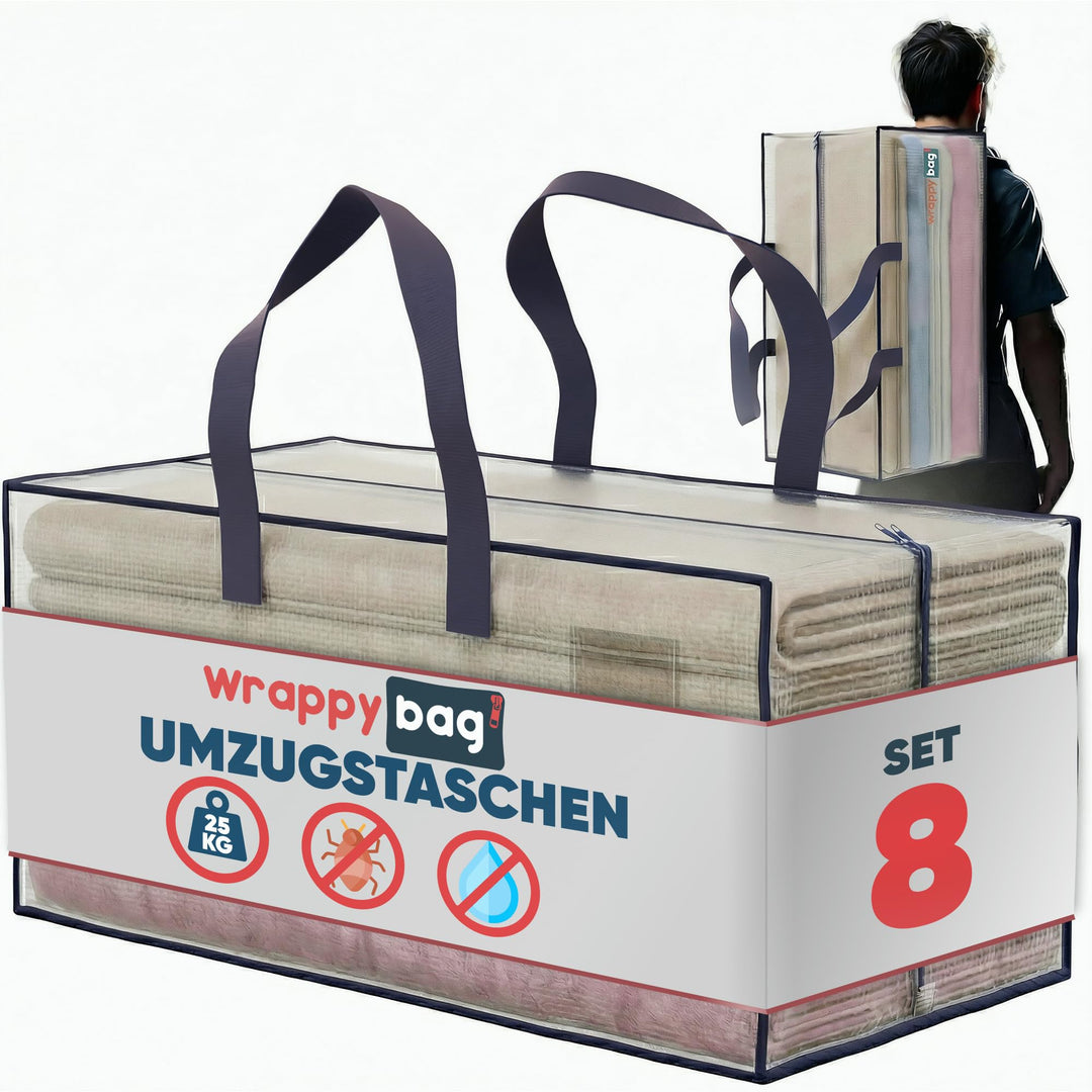 WRAPPYBAG 8er-Set Kunststoff Aufbewahrungstasche – Jumbo XXL Tasche Gross – Wasserabweisend, Stabil,