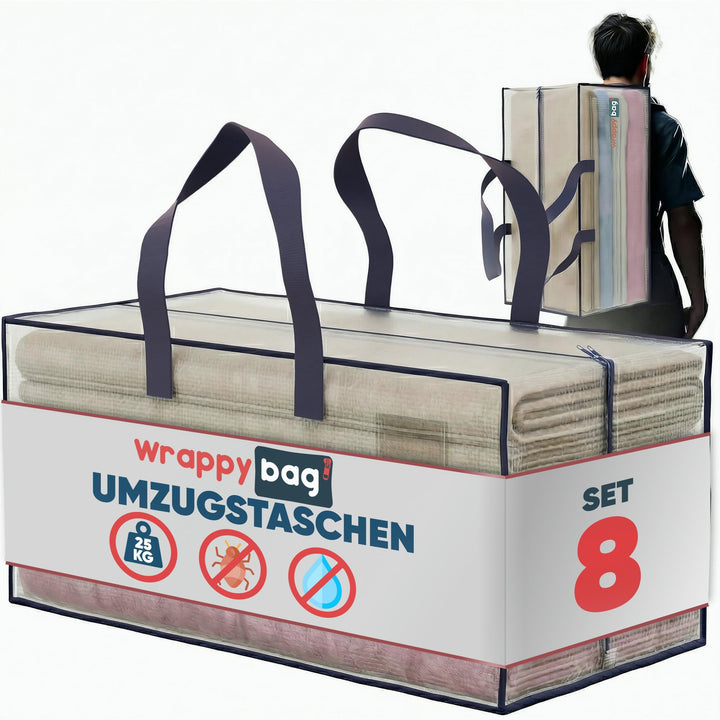 WRAPPYBAG 8er-Set Kunststoff Aufbewahrungstasche – Jumbo XXL Tasche Gross – Wasserabweisend, Stabil,