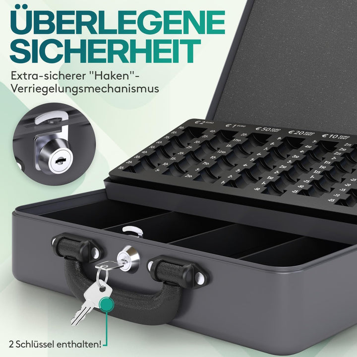 ACROPAQ Geldkassette - Abschliessbar, Mit Münzzählbrett, 30 x 24,5 x 9 cm, Mit 2 Schlüsseln, Premium