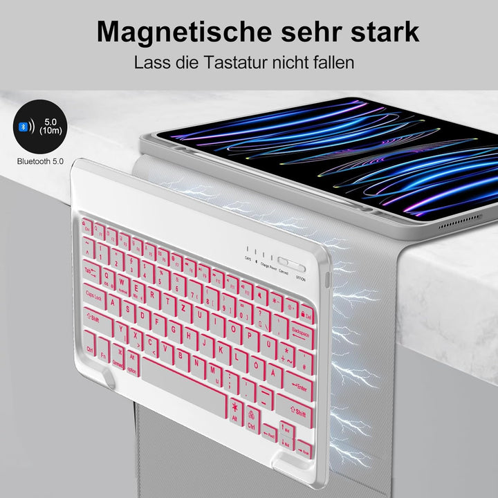Für iPad Pro 12,9" Hülle mit 7-Farben Beleuchtung Tastatur (2018-2022) – QWERTZ Bluetooth Tastatur,