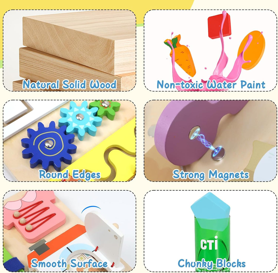 Montessori Spielzeug Busy Board ab 1 Jahr, Activity Board Baby Motorikbrett aus Holz, Reisespielzeug