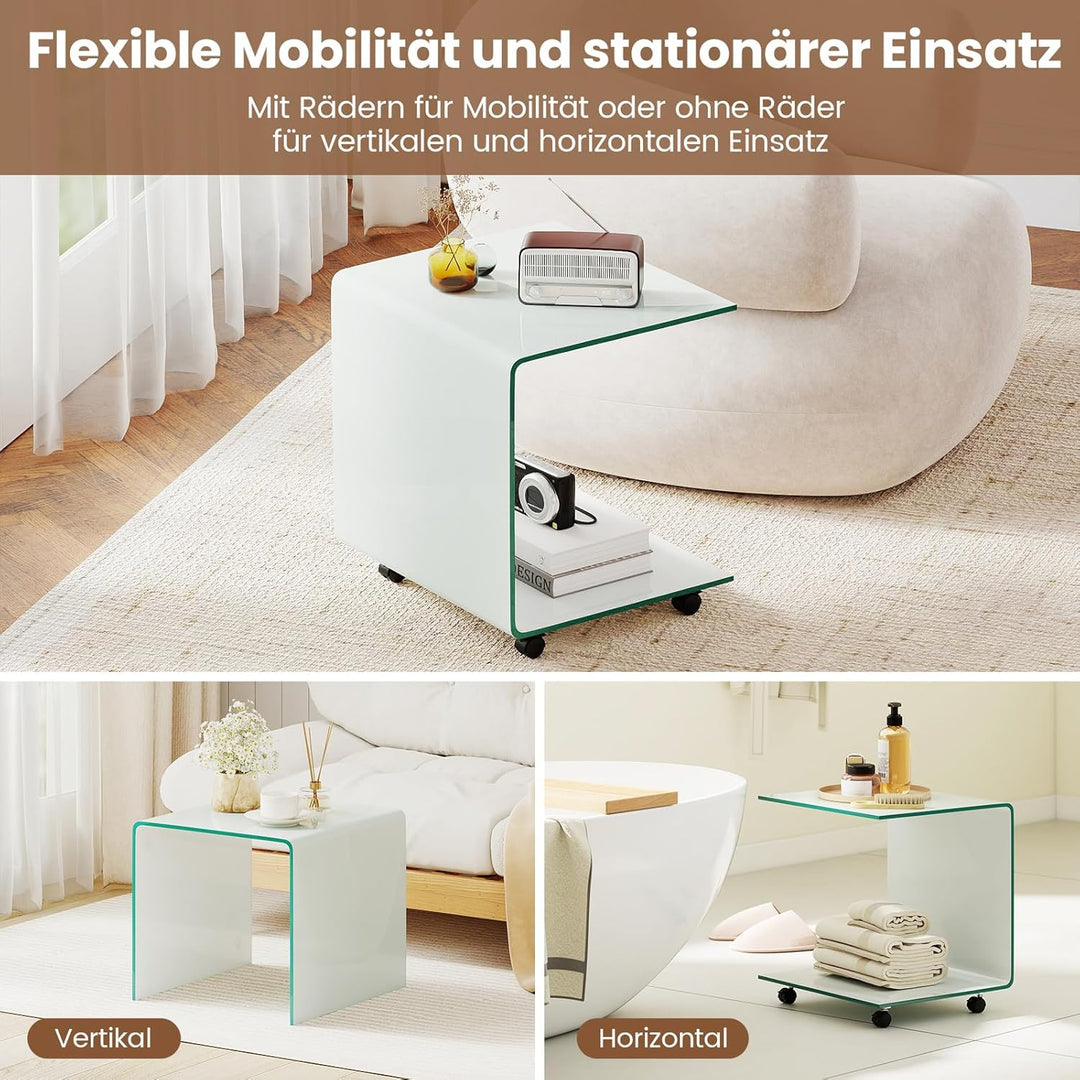 COSTWAY Beistelltisch aus gehärtetem Glas mit Rollen, Glastisch C-Form, Nachttisch, Sofatisch, Kaffe