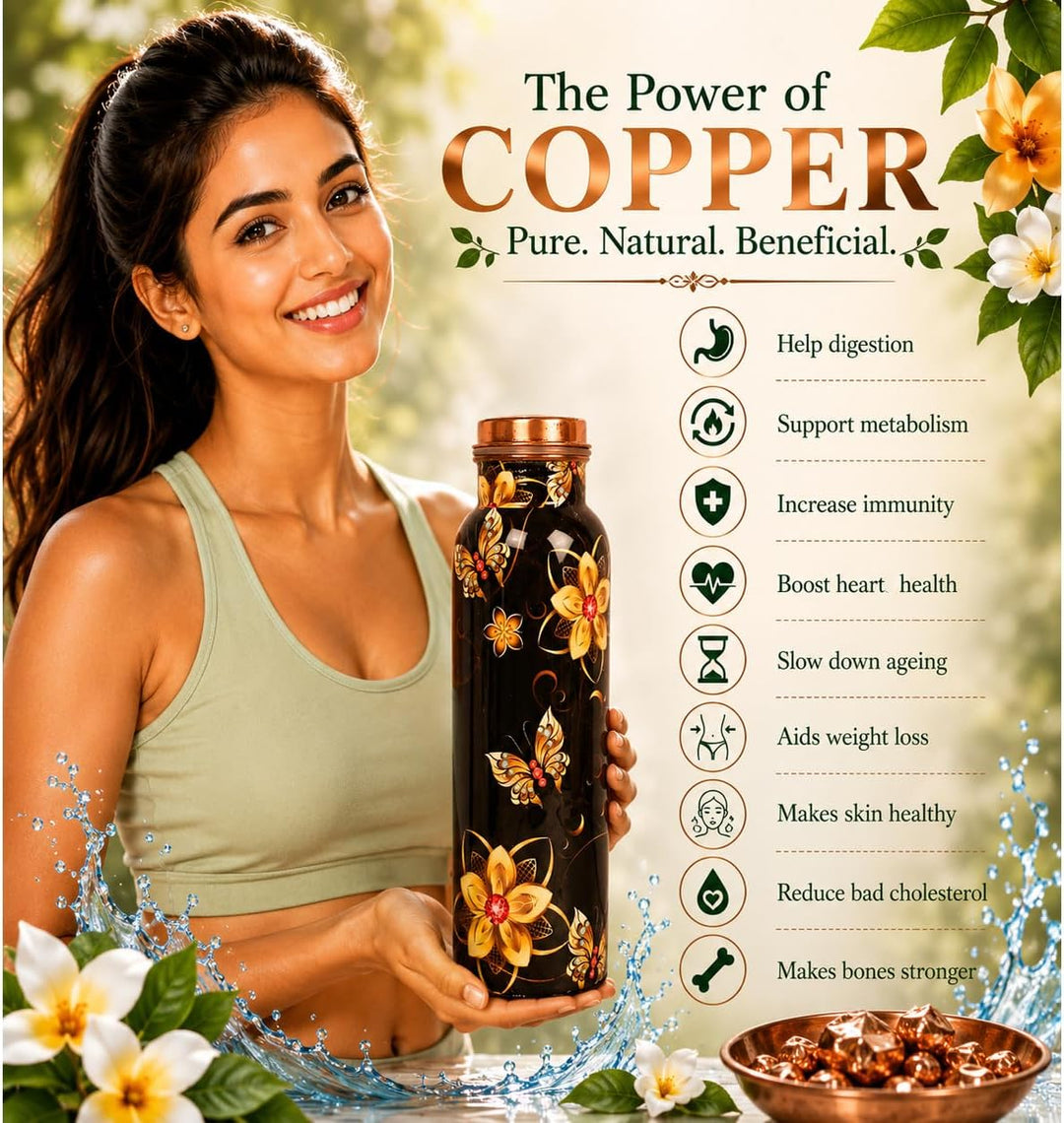 INDTRESOR Wasserflasche aus reinem Kupfer – handgefertigt – ayurvedische Gesundheitsvorteile, leicht