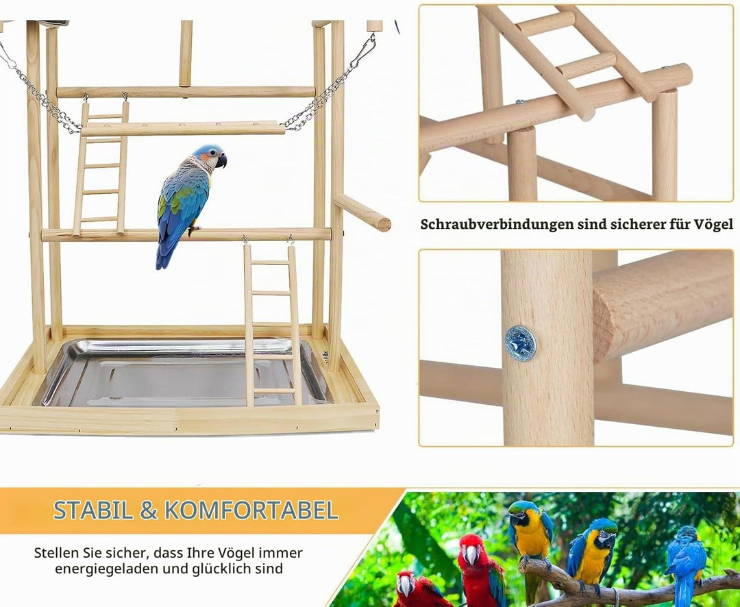 Vogelspielplatz aus Holz,mit Edelstahl-Futterbechern,Bunte Kunststoffkette für Haustiere,für Papagei