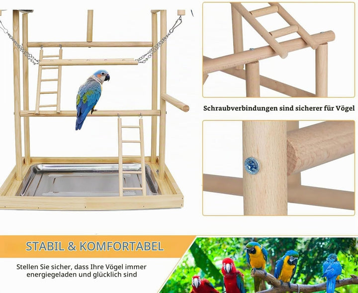 Vogelspielplatz aus Holz,mit Edelstahl-Futterbechern,Bunte Kunststoffkette für Haustiere,für Papagei