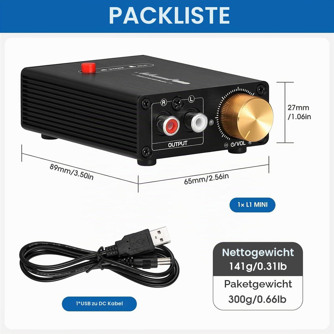 Nobsound Mini Stereo Line Level Booster Verstärker Audio Vorverstärker 20dB Verstärkung + Lautstärke