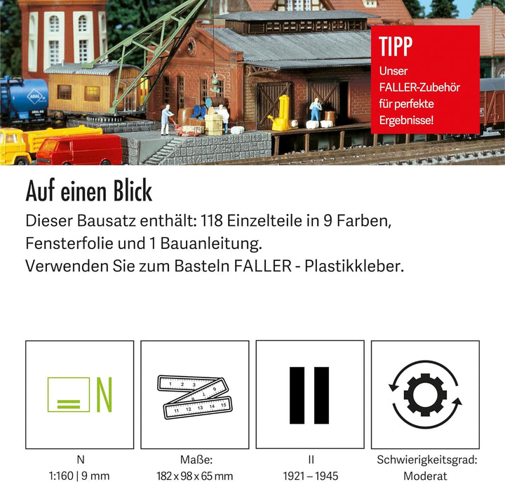 FALLER Güterhalle mit Ladekran Modellbausatz mit 118 Einzelteilen 182 x 98 x 65mm I Modelleisenbahn