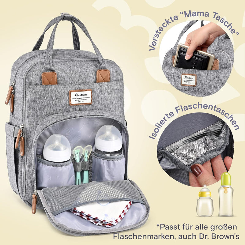 RUVALINO Wickeltasche Rucksack Grosser Wickelrucksack mit multifunktionalen Babytaschen und mobiler