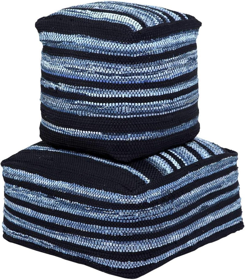 Homescapes handgewobener Sitzpouf - Sitzkissen in Blau, Streifen Flicken, Jeans/Jeans und Leder, Tex