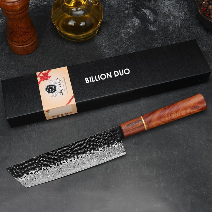 BILLION DUO Damastmesser Nakirimesser 18,3 cm, 67 Schicht VG10 Damaszener Stahl Kochmesser, Profi Fl