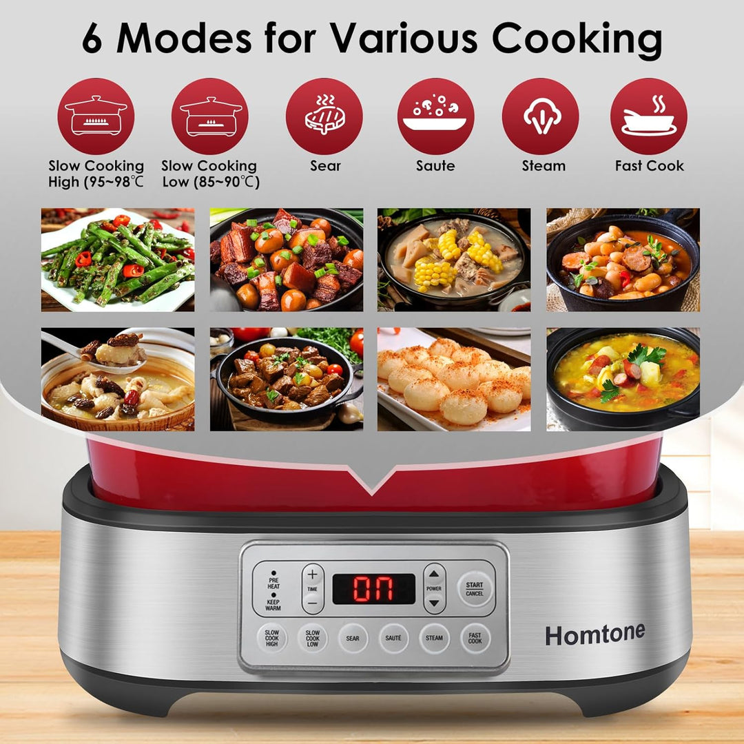 Homtone Slow Cooker Schongarer 6-in-1, 5,5L Multikocher Programmierbarer Abnehmbarer Emaille-Schmort
