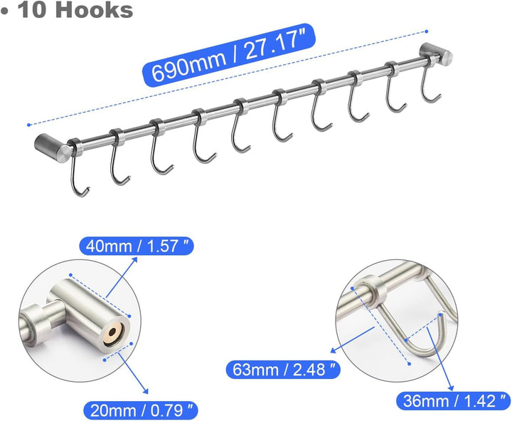 Geschirr hängende Rack mit 10 abnehmbaren Haken, Küche Schiene Pan Hanger Edelstahl Wand montierte M