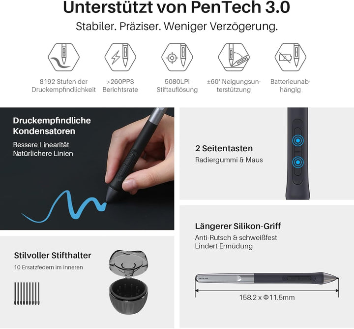 HUION Inspiroy 2 L Grafiktabletts, Tragbares Zeichentablett mit 8192 Stufen batterielosem Digitalsti