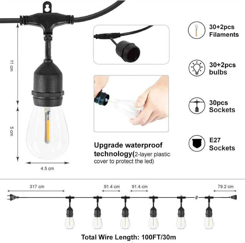 ZOTOYI Lichterkette Aussen 30M, IP65 Wasserdicht Wetterfest Outdoor Lichterkette, Lichterkette Glühb