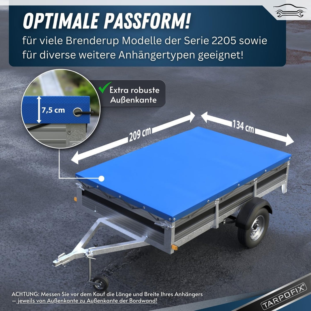 Tarpofix® Anhängerplane Flachplane 209 x 134 x 7,5 cm + 3x Planenbügel (verstellbar 100-145 cm) - ra