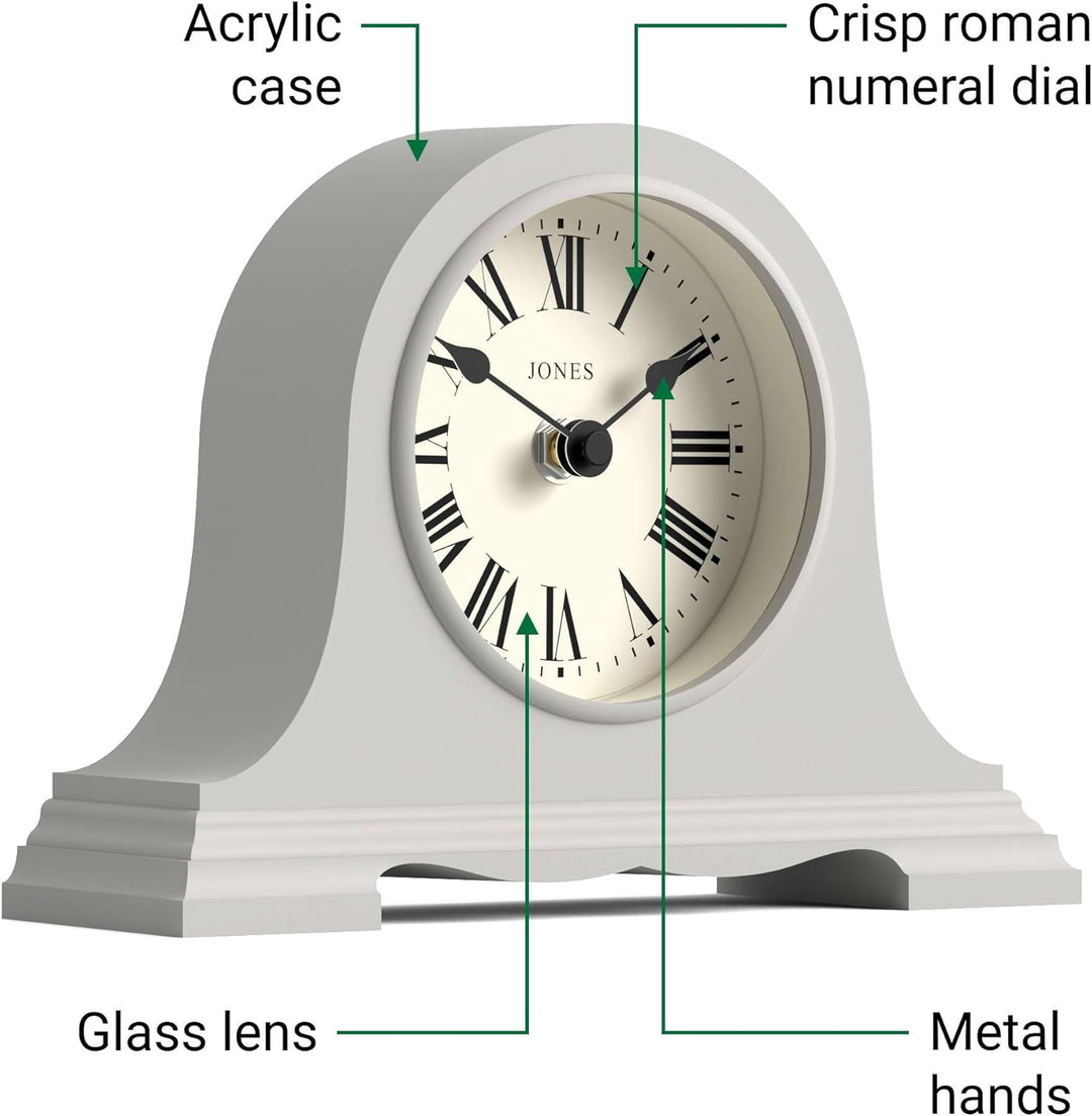 JONES CLOCKS® Speakeasy Kleine Kaminsimsuhr | Klassisches napoleonshut-Design | Grau | Römische Zahl