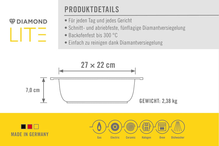 Woll Diamond Lite Bräter mit Glasdeckel in Box, 27 x 22 cm, 9,5 cm hoch, 3,7 Liter - Geeignet für Ce