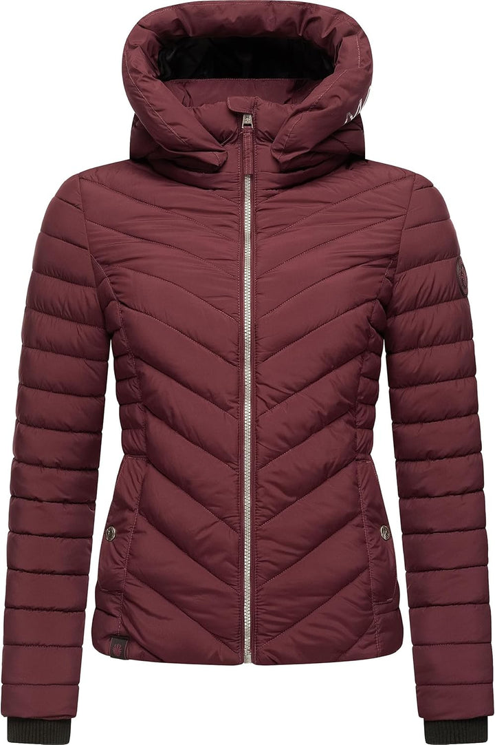 MARIKOO Damen Übergangsjacke leichte Steppjacke kurz mit Abnehmbarer Kapuze Kagomee XS-XXL S Wine, S