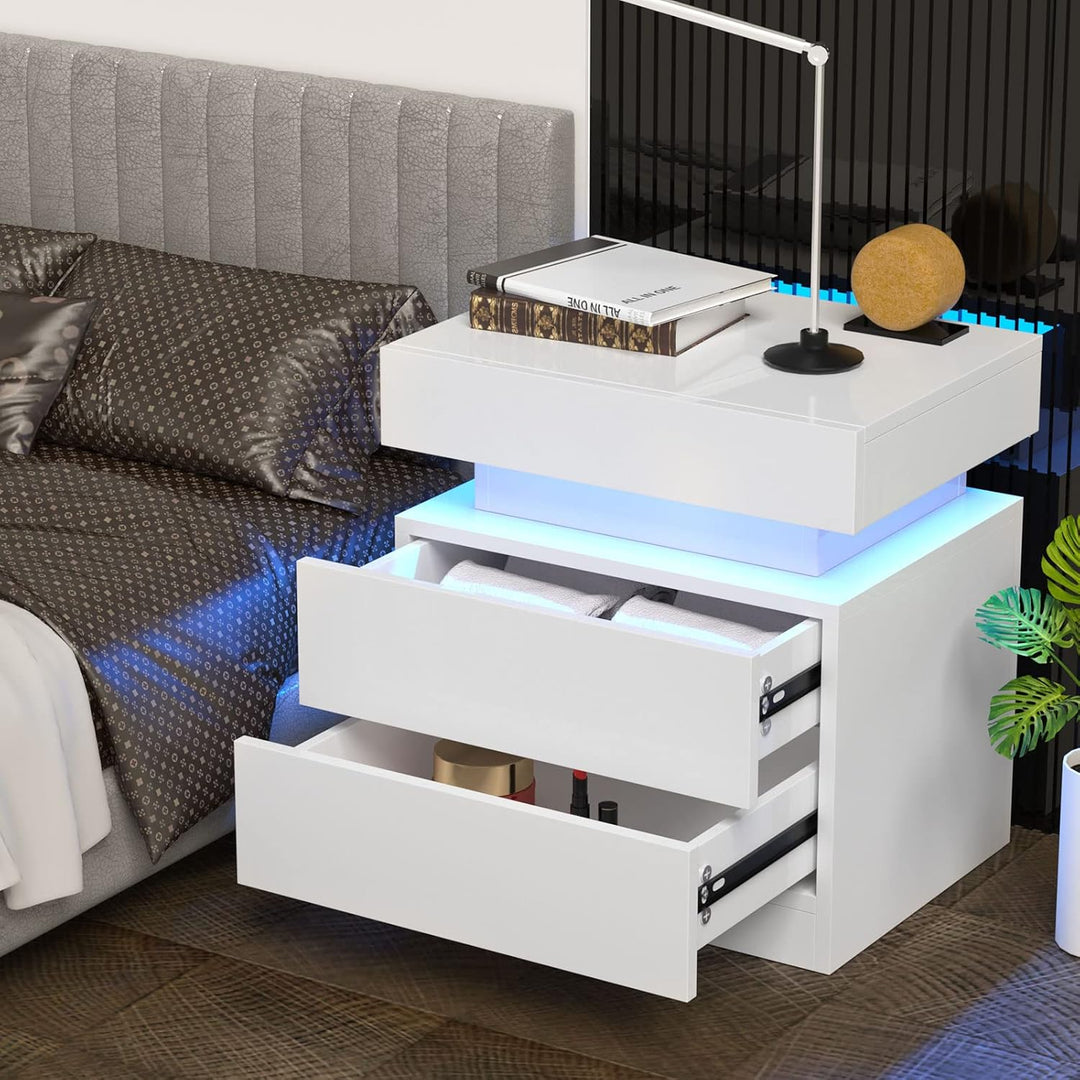 PIPIPOXER 2er Set Nachttisch LED mit 2 Schubladen, Nachttisch Weiss mit LED Licht, 16 Farben 2 Schub