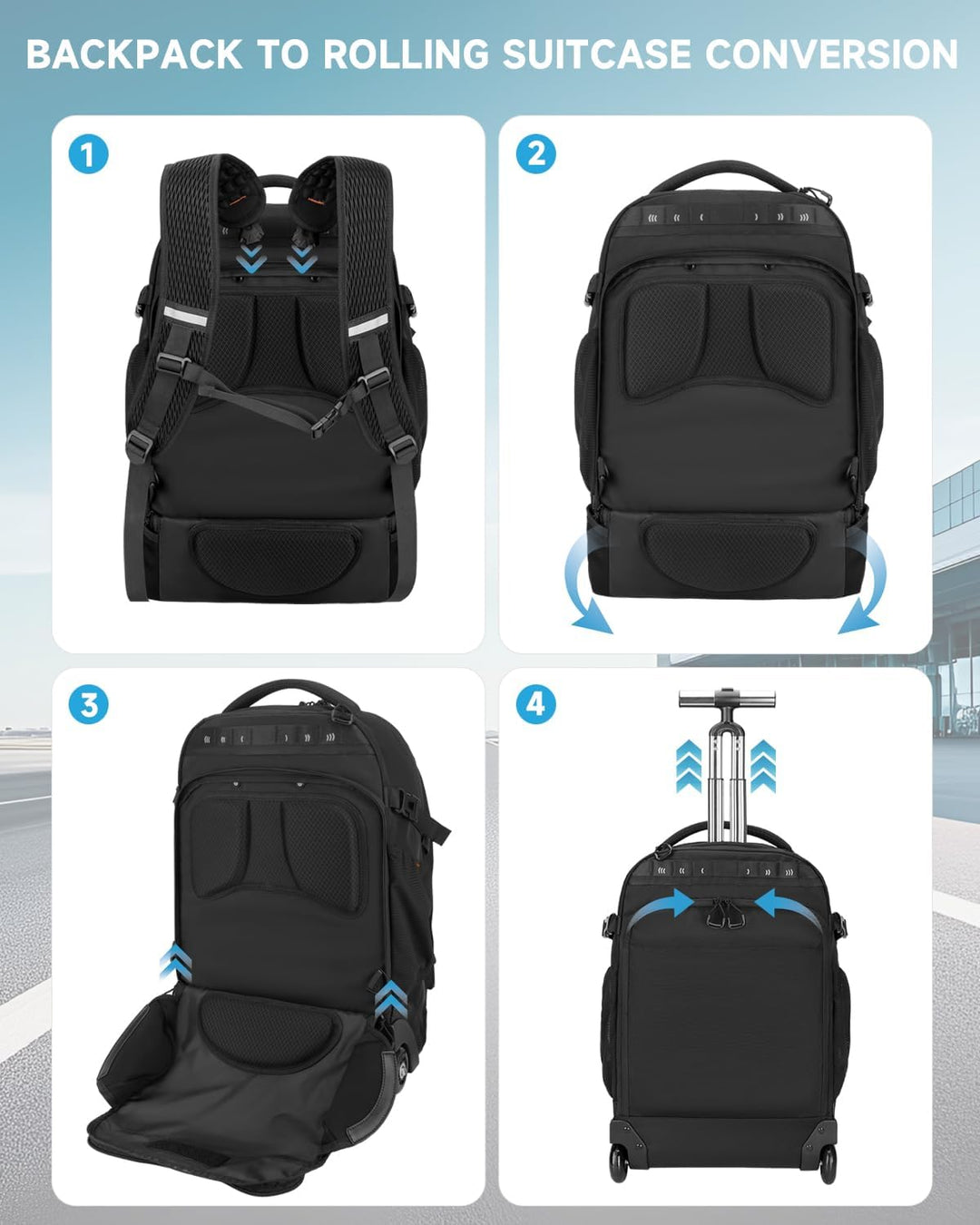 Rucksack mit Rollen 2 in 1 Abnehmbarer Rollrucksack Handgepäck– Wasserabweisend Rucksack Trolley mit