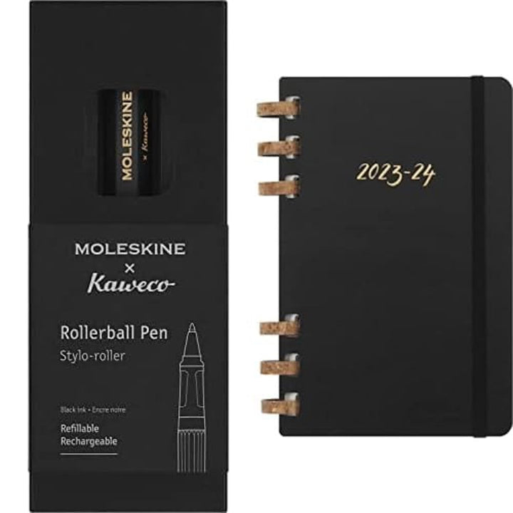 Moleskine x Kaweco Tintenroller, Farbe Schwarz + Akademischer Monatsplaner 2023-2024, 12-Monats-Woch