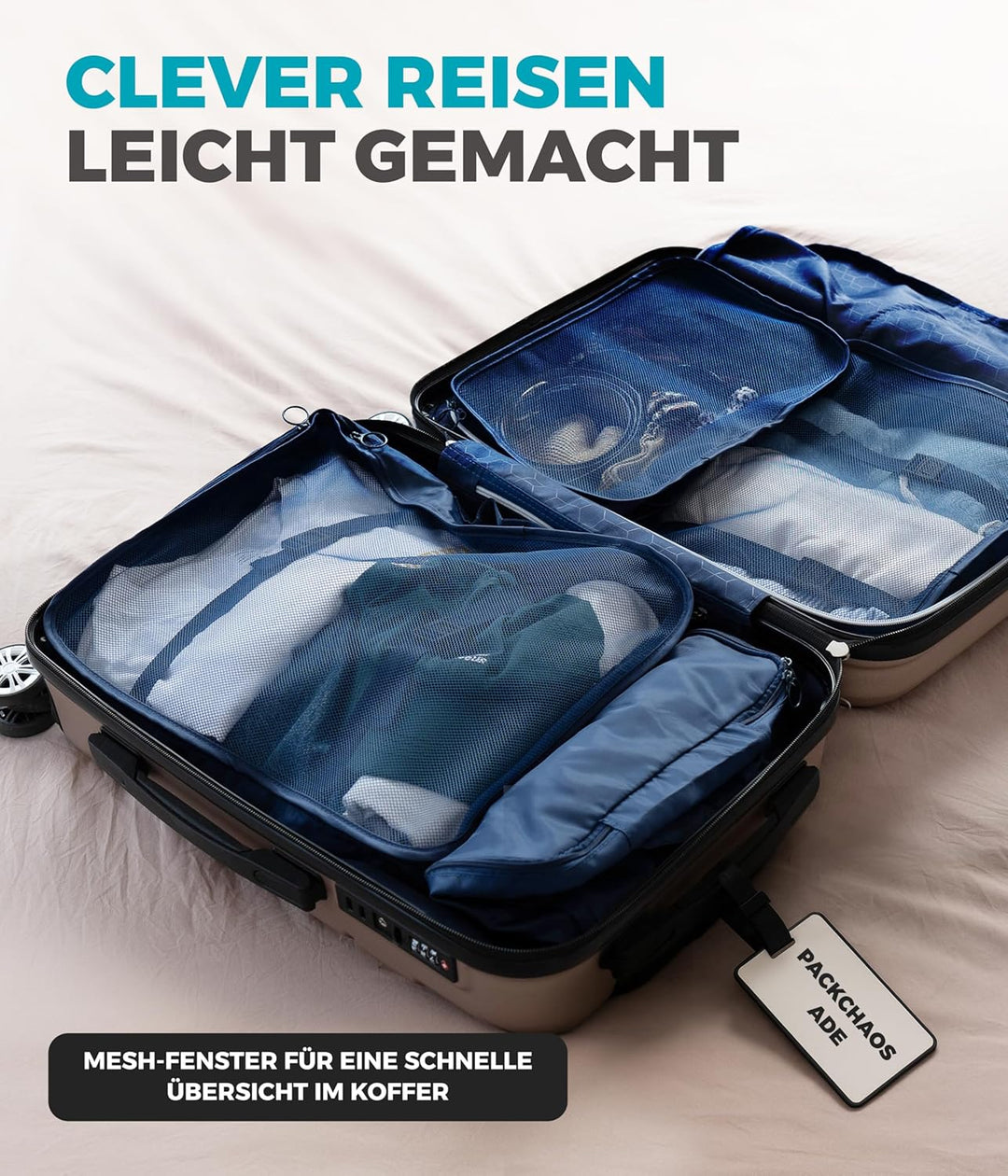 Yunik® Koffer Organizer Set 8-teilig Blau – Kompressionstaschen für Kleidung, Schuhe & Technik – Pac
