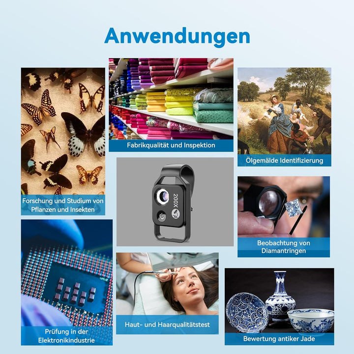 200 x Telefonmikroskop für Kinder Mini-Mikroskop mit CPL 2 Helligkeitsmodi Keine App erforderlich fü
