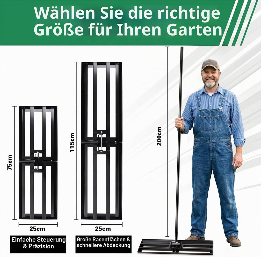 Rasen-Nivellierungsrechen 75x25 cm mit 2 m verstellbarem Stiel – Stabiler Rasenglätter & Nivellierre