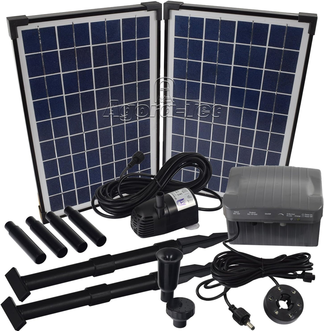 Agora-Tec® AT-20W-BL Beleuchtete Solar Teichpumpe 20 Watt mit Akku und 6 Fach LED Ring, Hmax.: 1350l