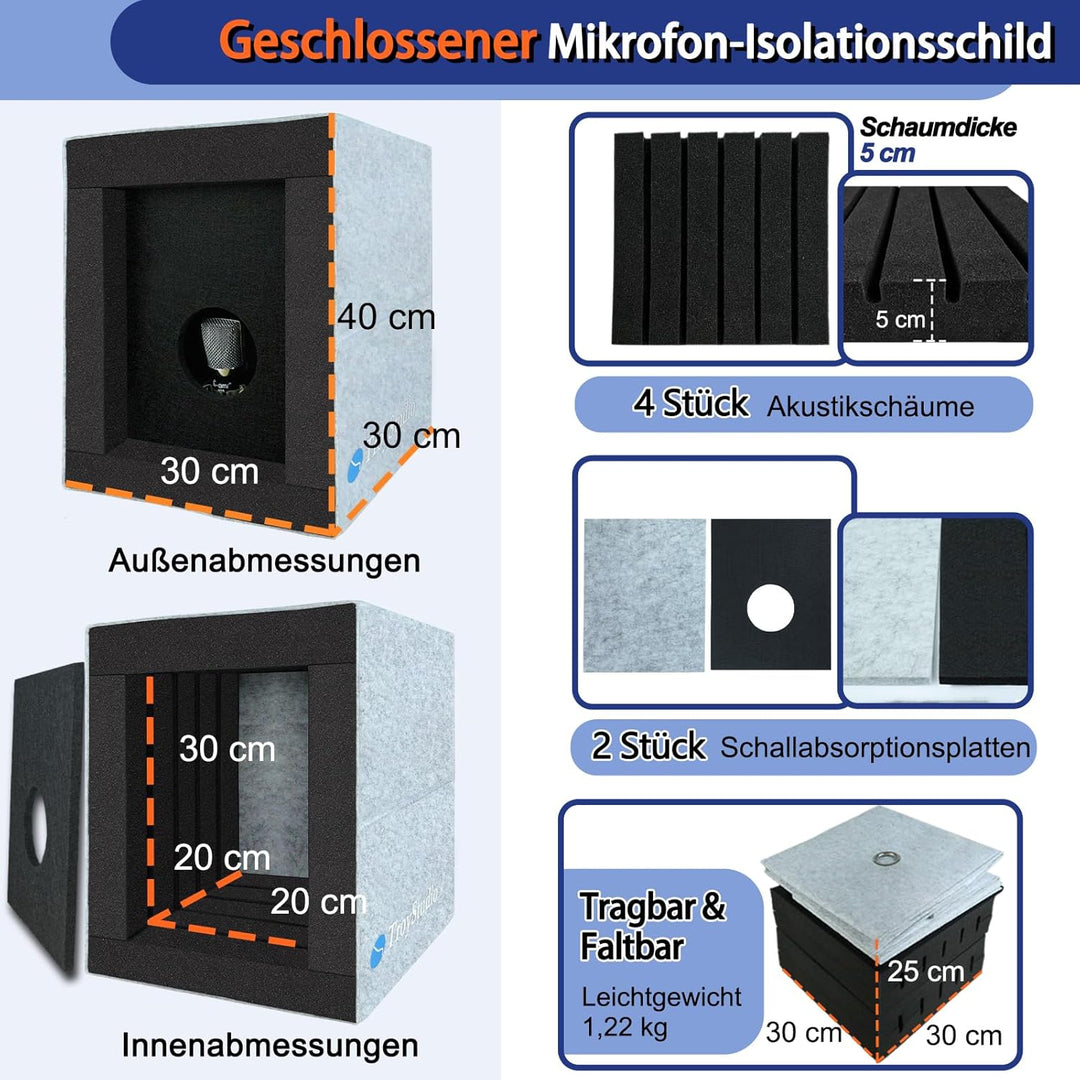 BXI Geschlossene Gesangskabine, Tragbare Mikrofon Isolationsbox, Faltbarer Reflexionsfilter mit Akus