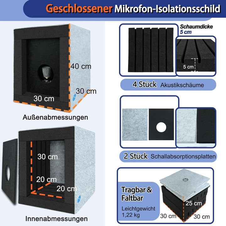 BXI Geschlossene Gesangskabine, Tragbare Mikrofon Isolationsbox, Faltbarer Reflexionsfilter mit Akus