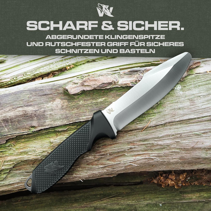 Wolfgangs ODENWOLF W-KIDS – Kinder Schnitzmesser Set mit Scheide & Kindermesser Führerschein – Siche