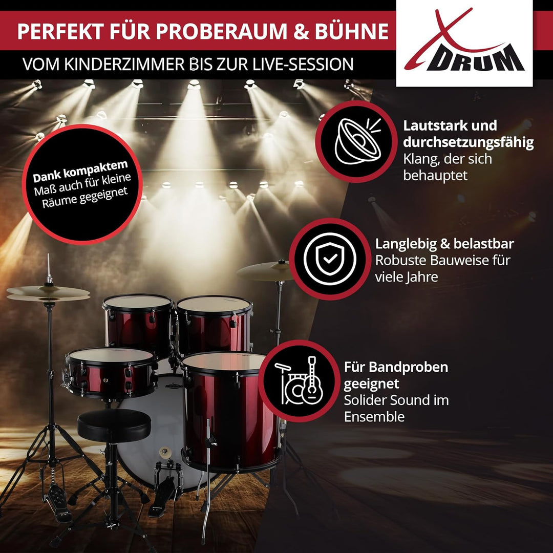 XDrum Rookie 22" Fusion Schlagzeug Komplettset Ruby Red - Ideal für Einsteiger - Stylische Hardware