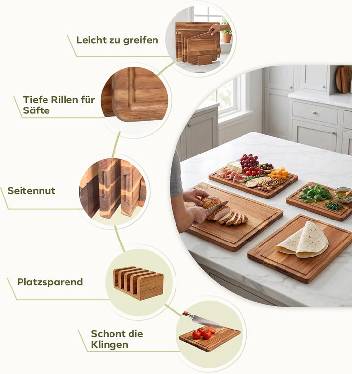 Schneidebrett Set 4-teilig aus Akazienholz inklusive Aufbewahrungsständer | 40x30cm 33x24cm 26x18cm