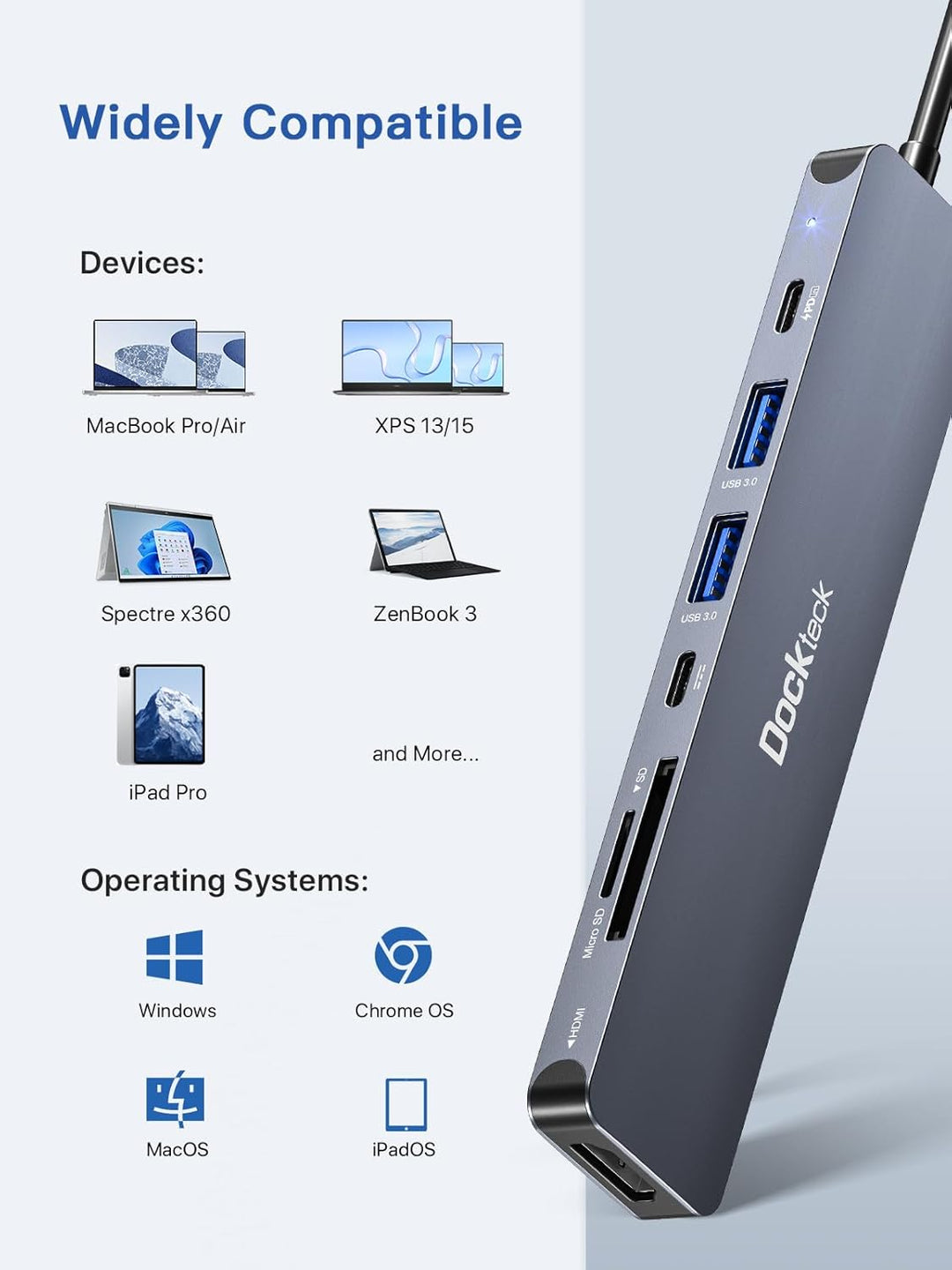 Dockteck 7-in-1-USB-C-Hub Adapter mit HDMI 4K, 2 USB-3.0-Ports, USB C auf SD/TF-Karte, PD-Ladegerät,
