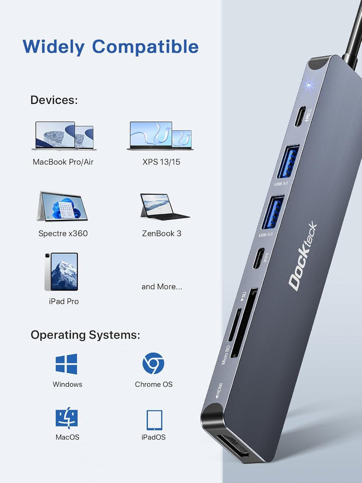 Dockteck 7-in-1-USB-C-Hub Adapter mit HDMI 4K, 2 USB-3.0-Ports, USB C auf SD/TF-Karte, PD-Ladegerät,