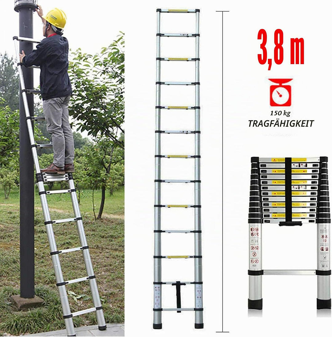 Mehrzweckleiter 3,8m Teleskopleiter Alu-Klappleiter Rutschfester Ausziehbare Robust Stehleiter 150 k