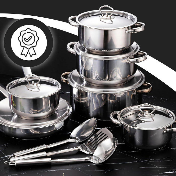 Retoo Topf und Pfannenset Induktion 15-teilig Kochtopf Set mit Deckel, 3 Schöpfkellen, Pfanne, Topfs