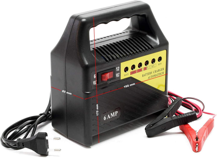 Wiltec Batterieladegerät 6V 12V 6A Batterie und Ladegerät für Kfz, Motorräder, Rasenmäher, kleine Bo
