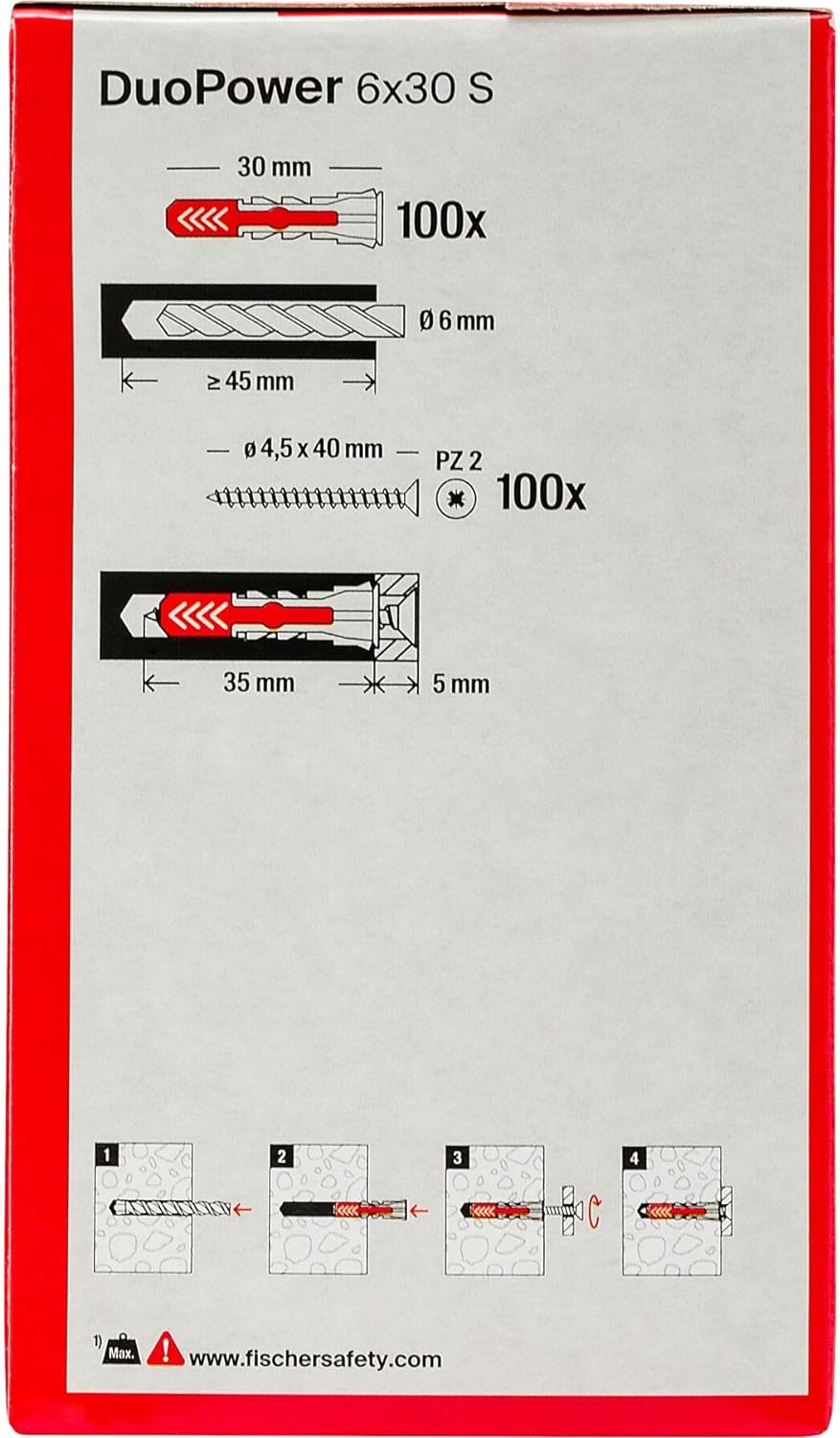 Fischer 100 DUOPOWER Dübel mit Schraube 6 x 30 mm für Vollwand Lochziegel Gipskarton 537646 grau/rot