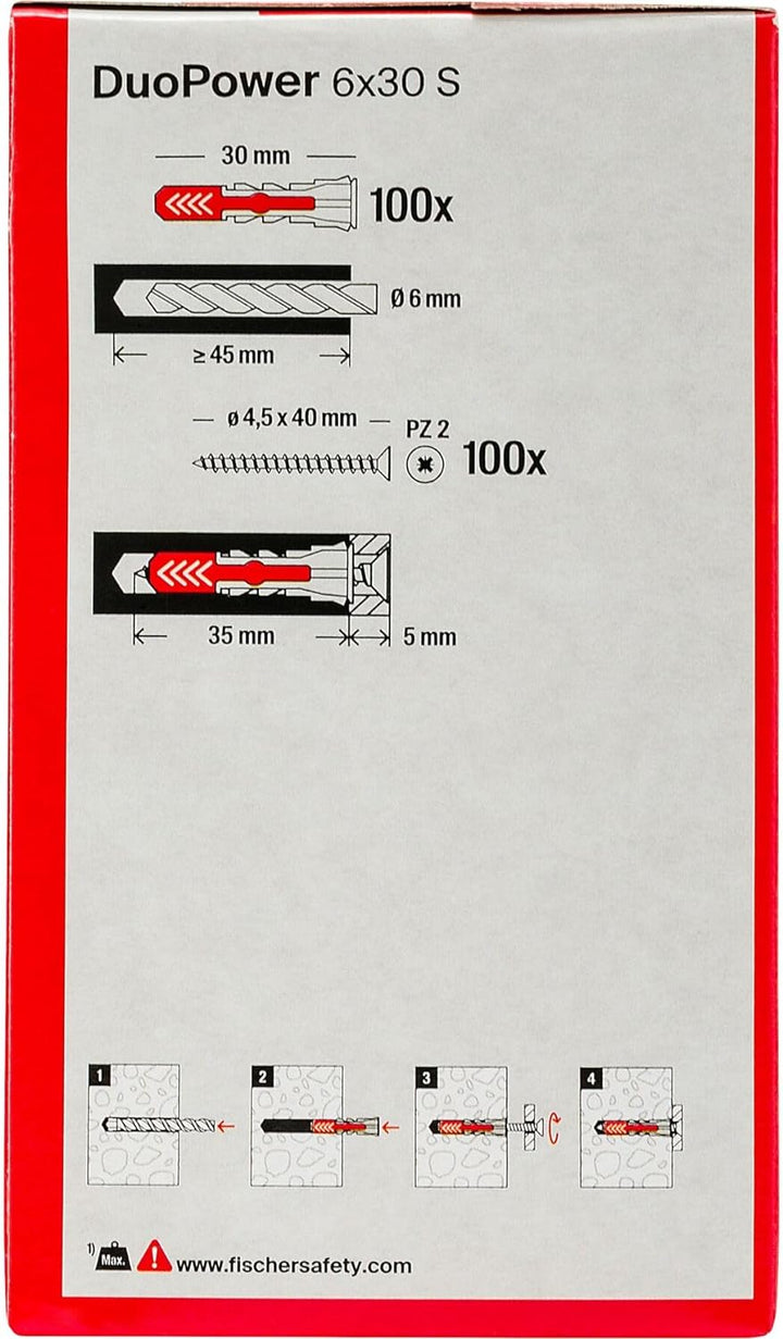 Fischer 100 DUOPOWER Dübel mit Schraube 6 x 30 mm für Vollwand Lochziegel Gipskarton 537646 grau/rot